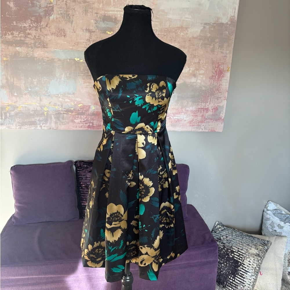 Vintage Guess Black, Gold and Green Strapless A-line Cocktail Dress Size 5